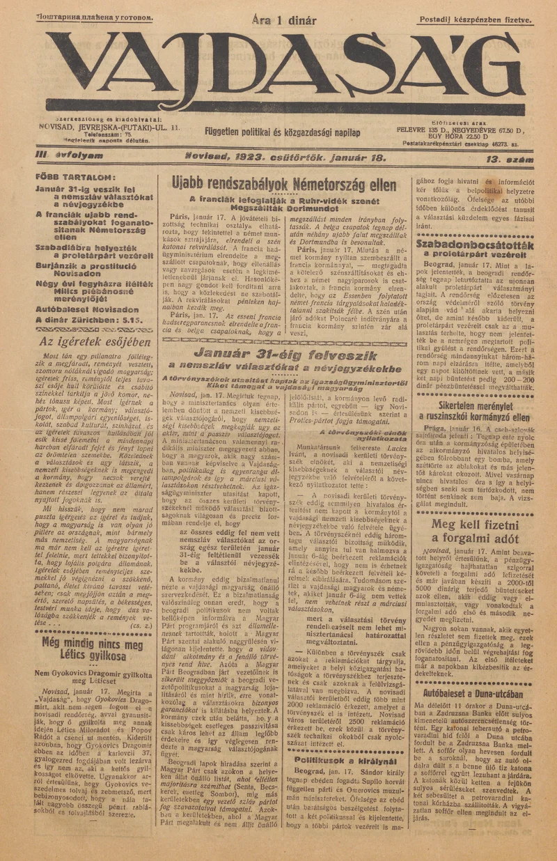 Vajdaság, 3. évf. 1923. január 18. 13. sz.