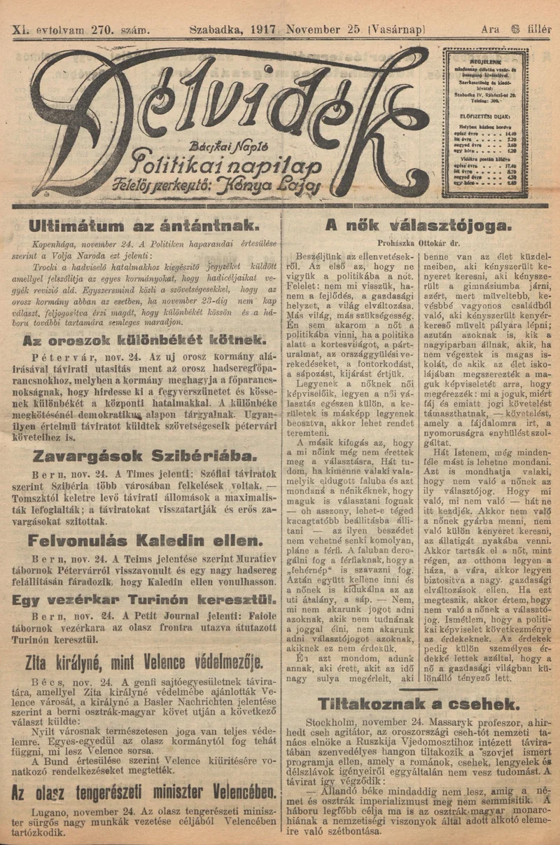 Délvidék, 11. évf. 1917. november 25. 270. sz.