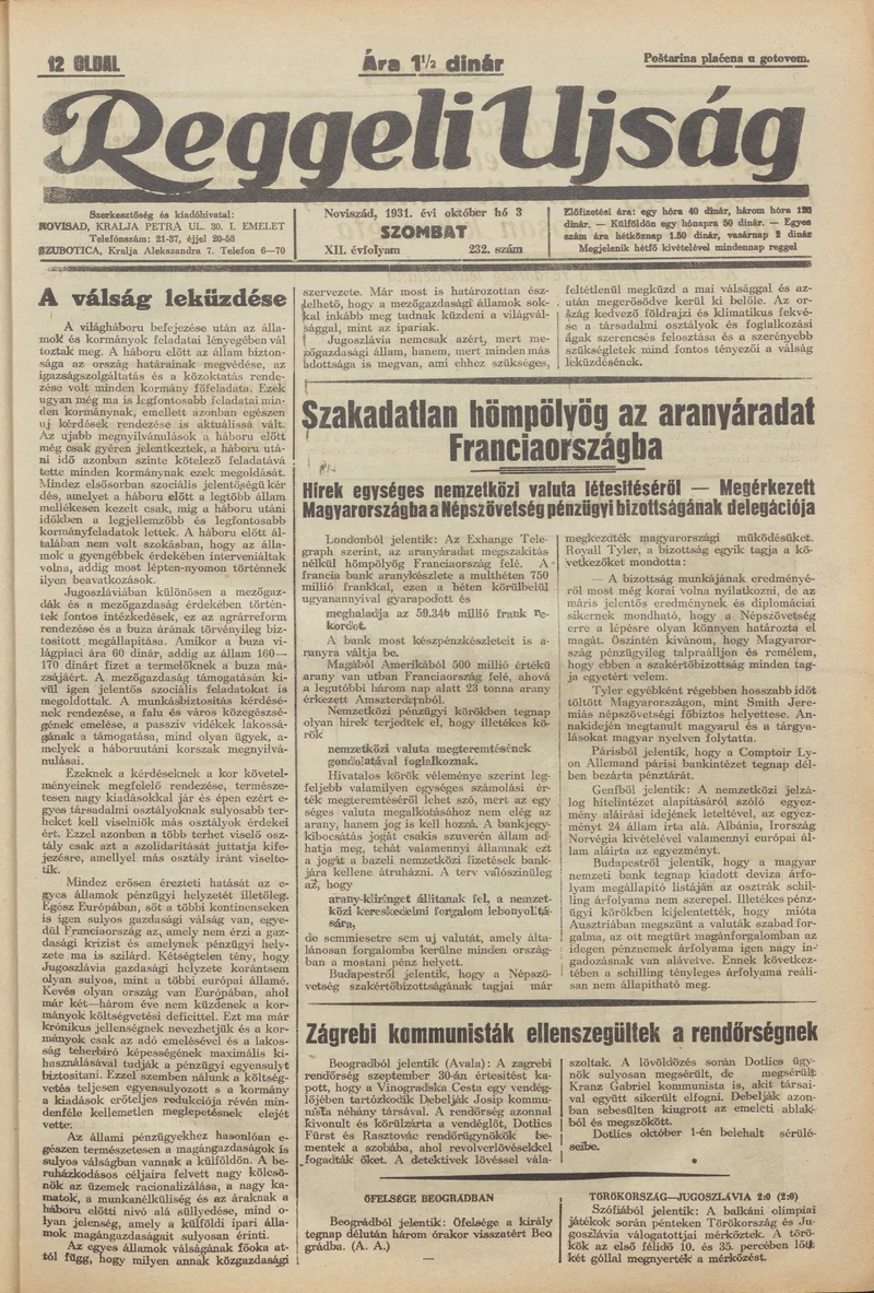 Reggeli Újság, 12. évf. 1931. október 3. 232. sz.