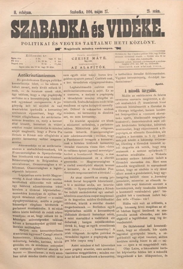 Szabadka és vidéke II, 2. évf. 1894. május 27. 21. sz.