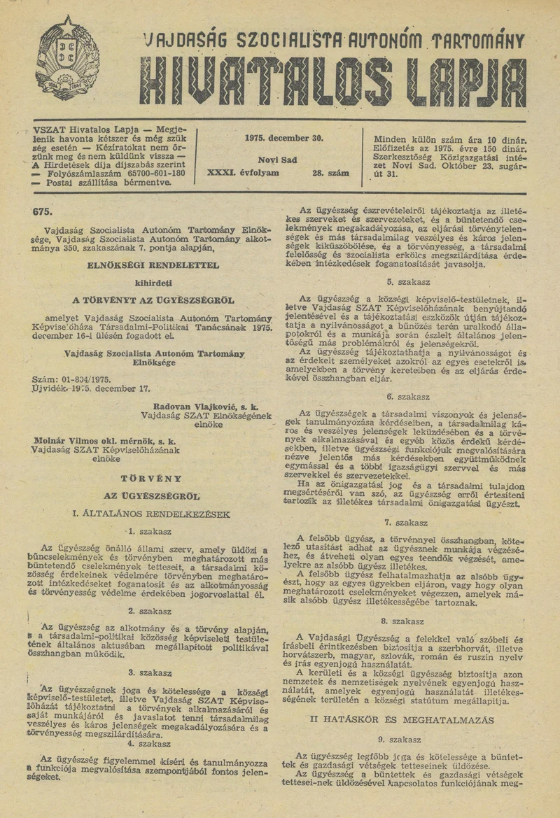 Vajdaság Szocialista Autonóm Tartomány Hivatalos Lapja, 31. évf. 1975. december 30. 28. sz. 1129–1144. oldal