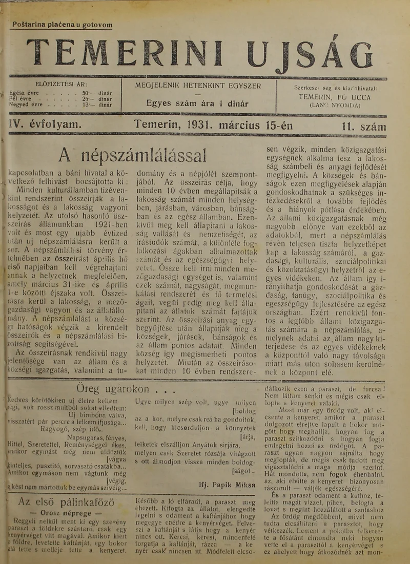 Temerini Újság 1928-1944, 4. évf. 1931. március 15. 11. sz.