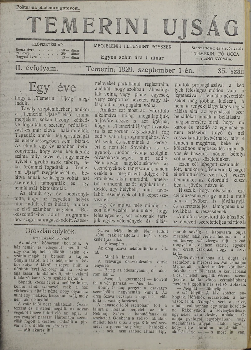 Temerini Újság 1928-1944, 2. évf. 1929. szeptember 1. 35. sz.