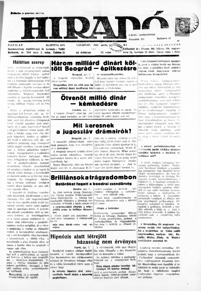 Híradó, 63. évf. 1934. április 8. 82. sz.