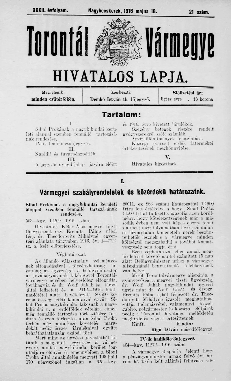 Torontál Vármegye Hivatalos Lapja, 32. évf. 1916. május 18. 21. sz.