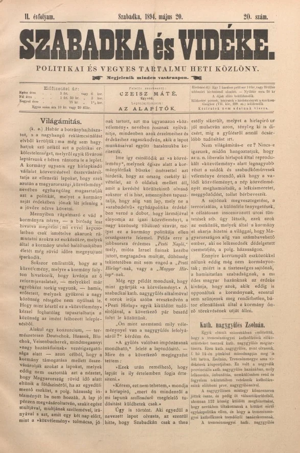 Szabadka és vidéke II, 2. évf. 1894. május 20. 20. sz.