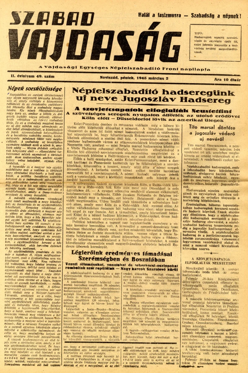 Szabad Vajdaság, 2. évf. 1945. március 2. 49. sz.