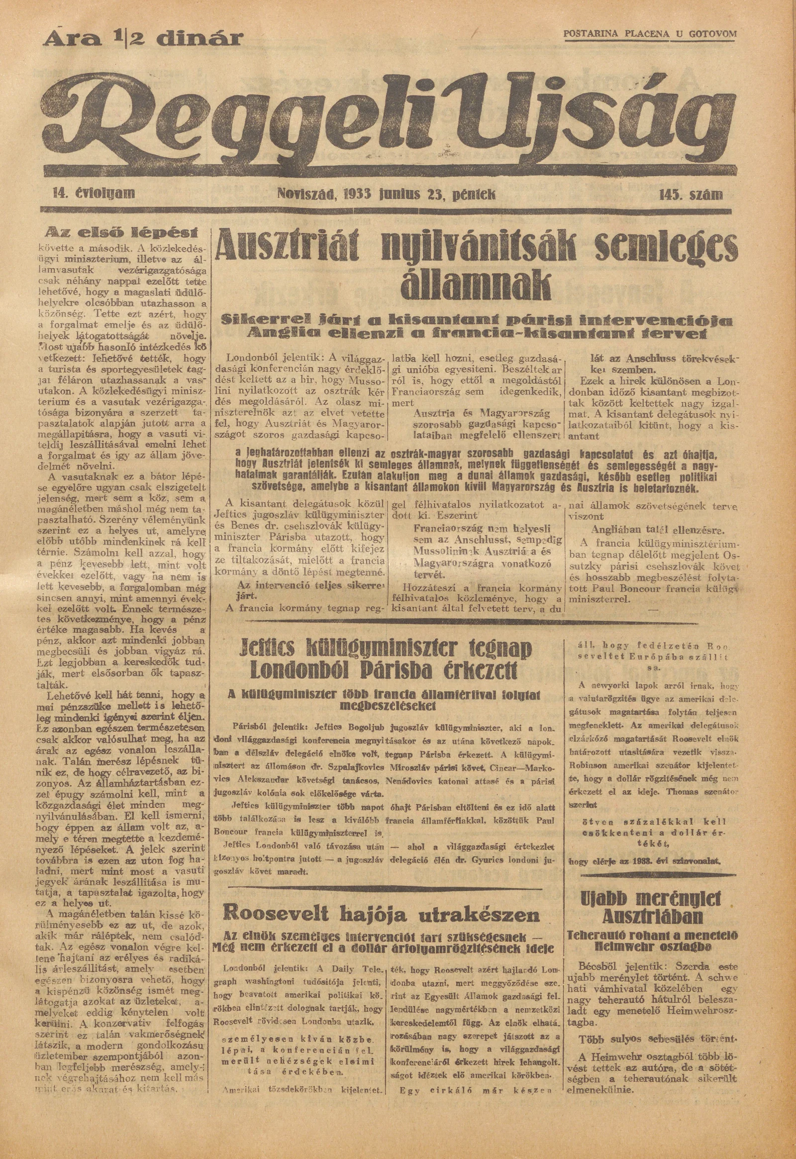 Reggeli Újság, 14. évf. 1933. június 23. 145. sz.