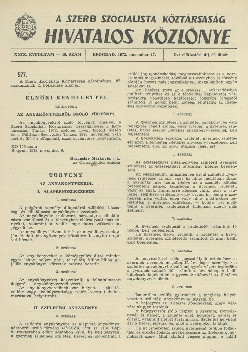 A Szerb Szocialista Köztársaság Hivatalos Közlönye, 29. évf. 1973. november 17. 46. sz. 1369–1372. oldal