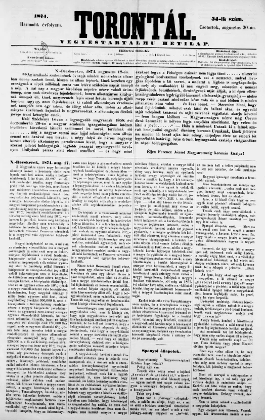 Torontál, 3. évf. 1874. augusztus 20. 34. sz.