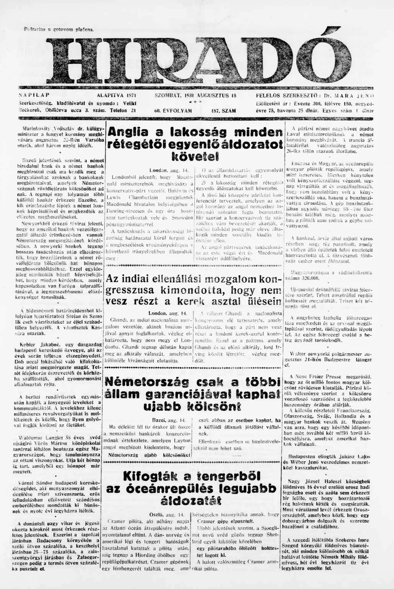 Híradó, 60. évf. 1931. augusztus 15. 187. sz.