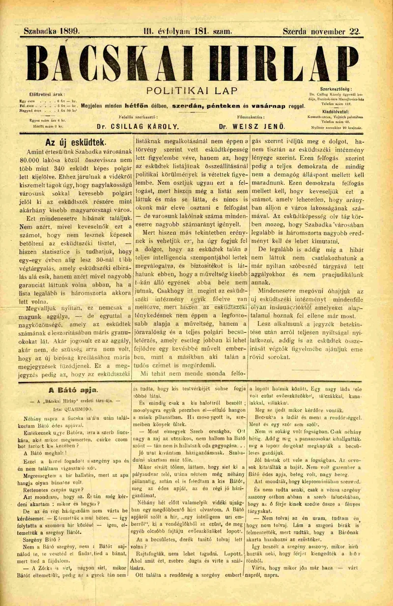 Bácskai Hirlap, 3. évf. 1899. november 22. 181. sz.