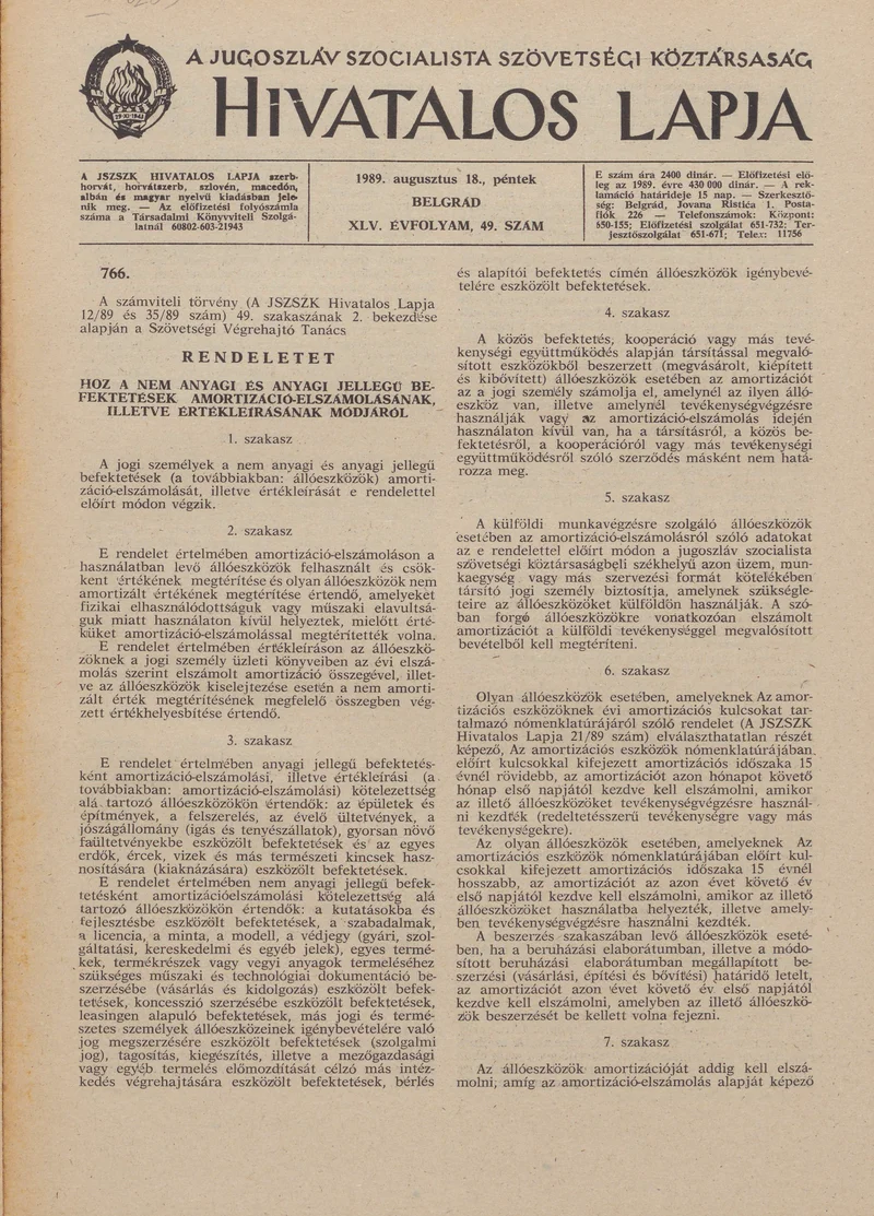 A Jugoszláv Szocialista Szövetségi Köztársaság Hivatalos Lapja, 45. évf. 1989. augusztus 18. 49. sz. 1229–1240. oldal