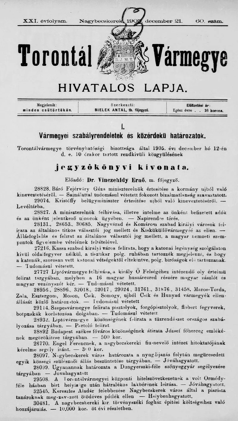Torontál Vármegye Hivatalos Lapja, 21. évf. 1905. december 21. 60. sz.