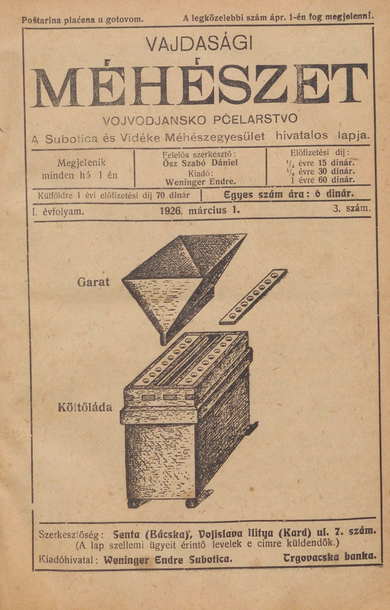 Vajdasági méhészet, 1. évf. 1926. március 1. 3. sz.