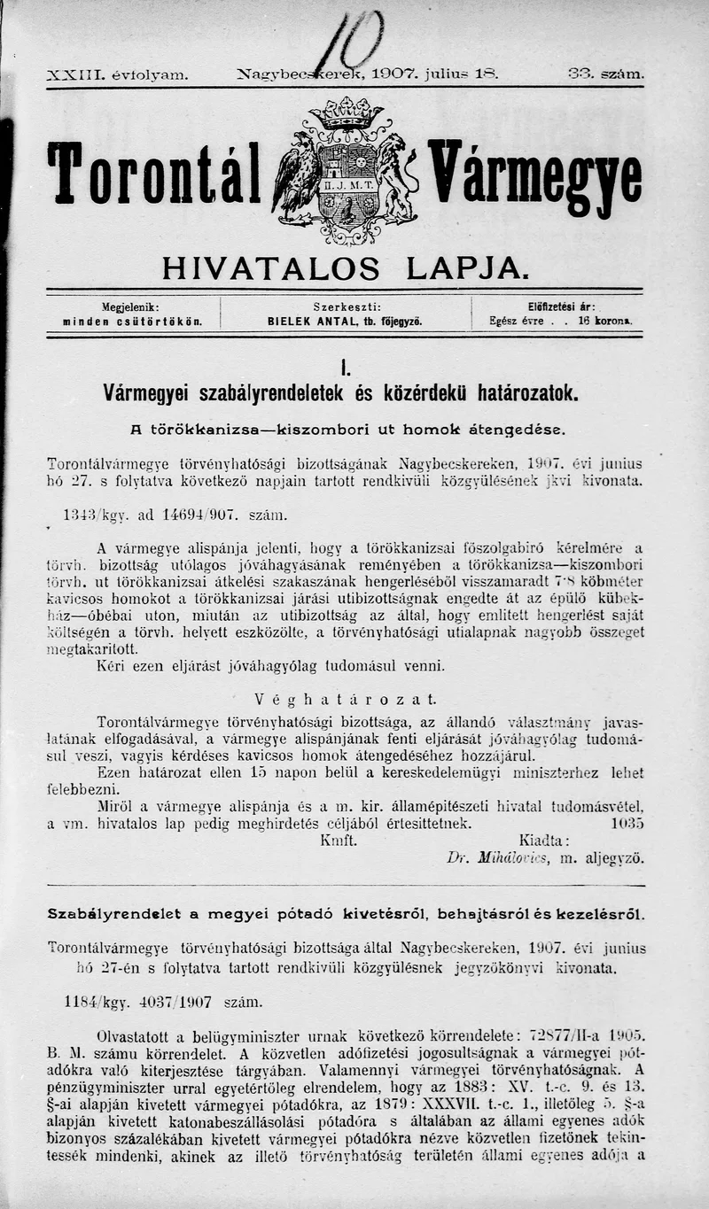 Torontál Vármegye Hivatalos Lapja, 23. évf. 1907. július 18. 33. sz.