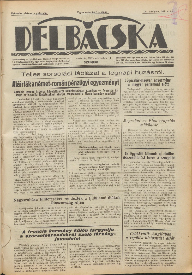 Délbácska, 9. évf. 1928. november 14. 266. sz.