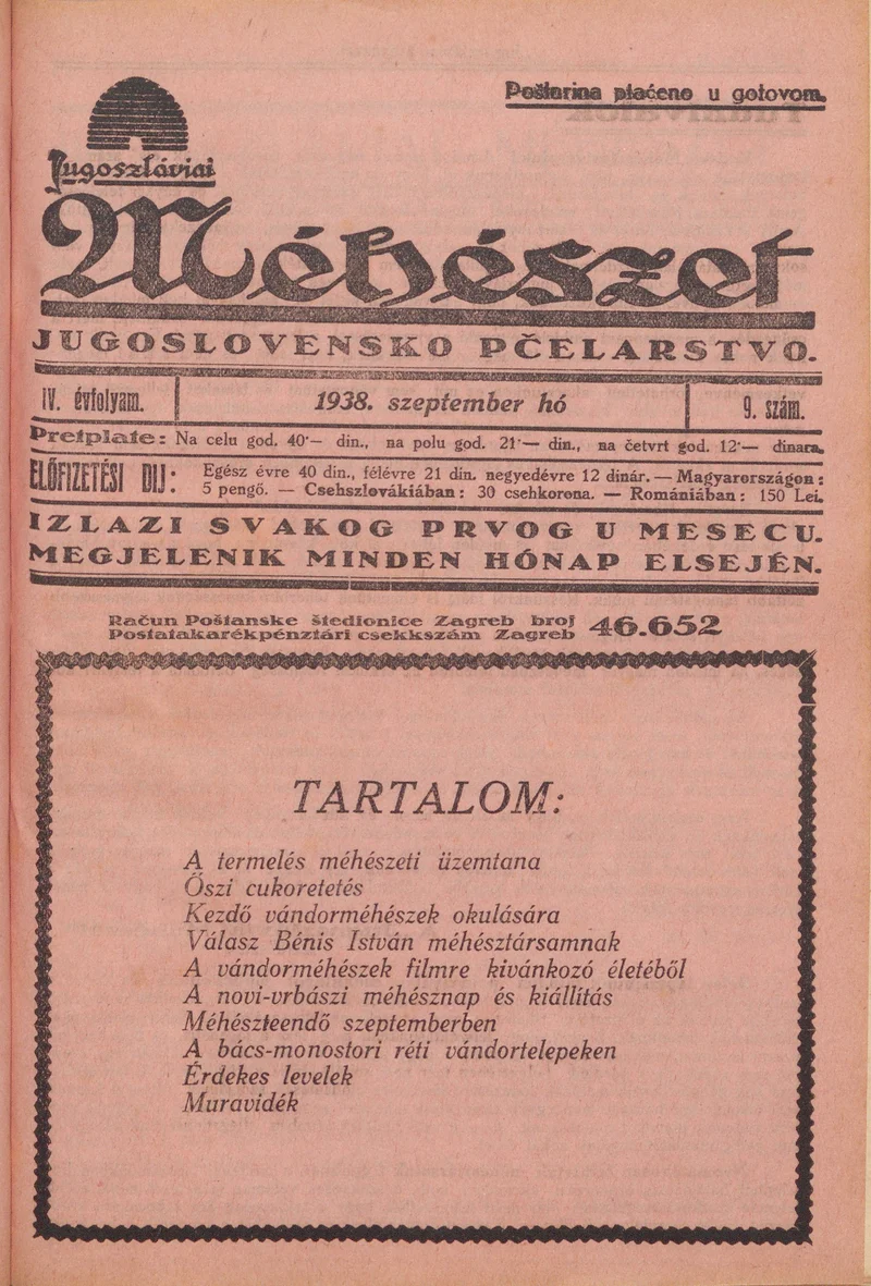 Jugoszláviai méhészet, 4. évf. 1938. szeptember 1. 9. sz.
