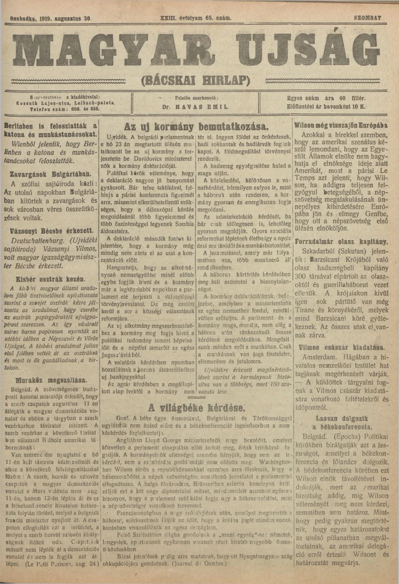 Bácskai Hirlap, 23. évf. 1919. augusztus 30. 65. sz.