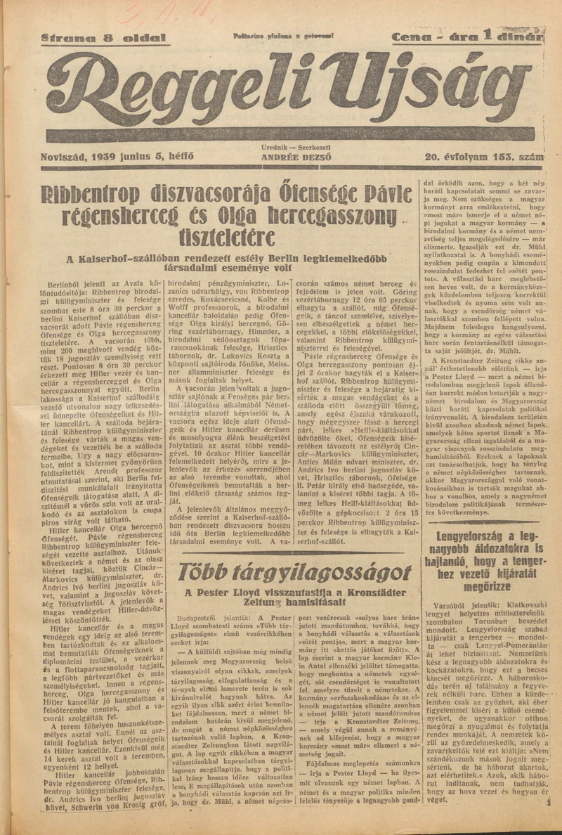 Reggeli Újság, 20. évf. 1939. június 5. 153. sz.