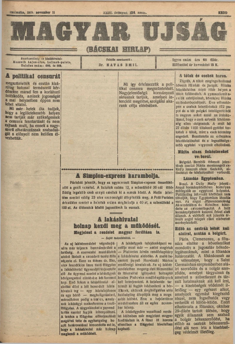 Bácskai Hirlap, 23. évf. 1919. november 11. 126. sz.
