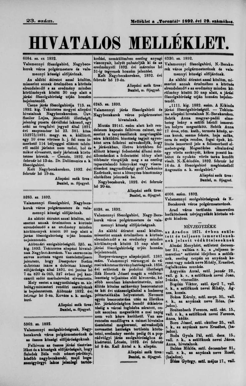 A Totontál  hivatalos melléklete, 5. évf. 1892. február 29. 23. sz.