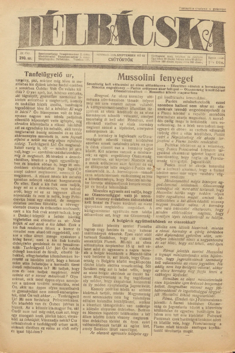 Délbácska, 4. évf. 1923. szeptember 13. 210. sz.