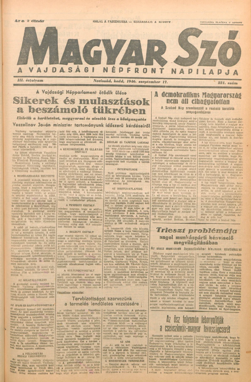 Magyar Szó, 3. évf. 1946. szeptember 17. 221. sz. 1–6. oldal
