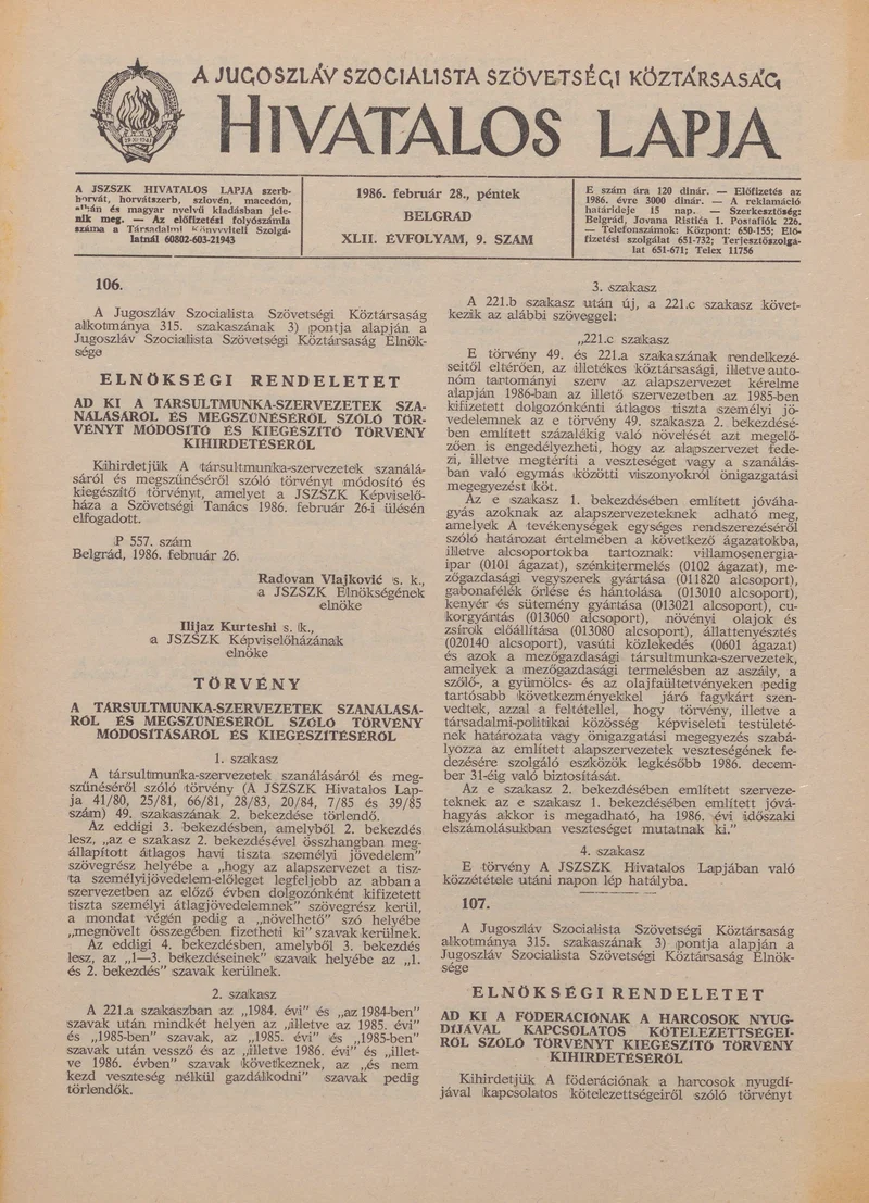A Jugoszláv Szocialista Szövetségi Köztársaság Hivatalos Lapja, 42. évf. 1986. február 28. 9. sz. 201–264. oldal
