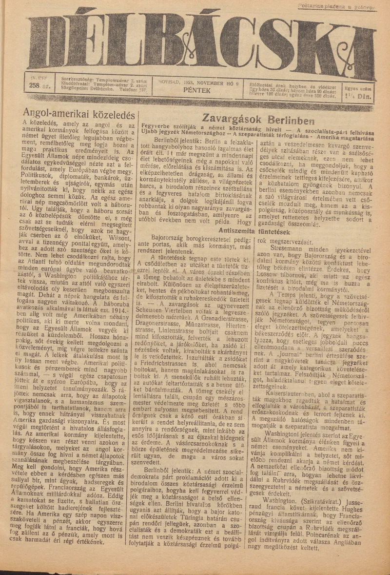 Délbácska, 4. évf. 1923. november 9. 258. sz.