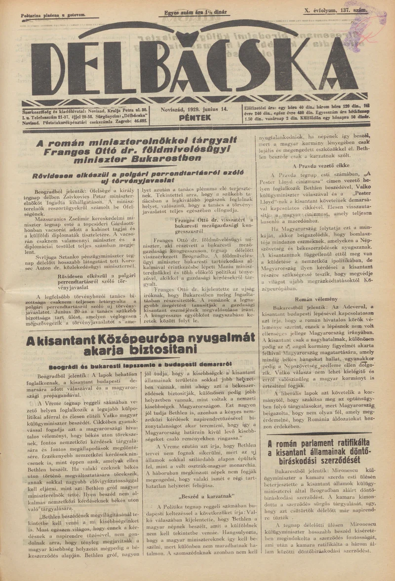 Délbácska, 10. évf. 1929. június 14. 137. sz.