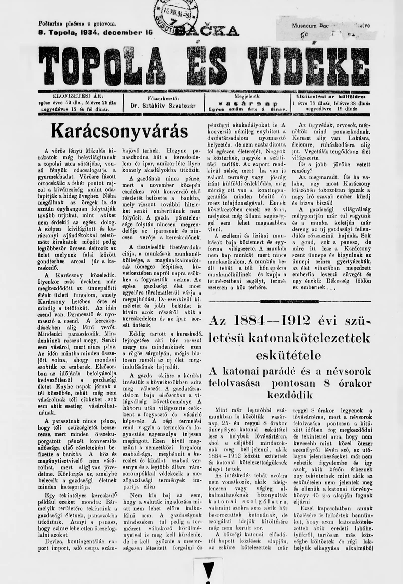 Bačka Topola és Vidéke, 11. évf. 1934. december 16. 50. sz.
