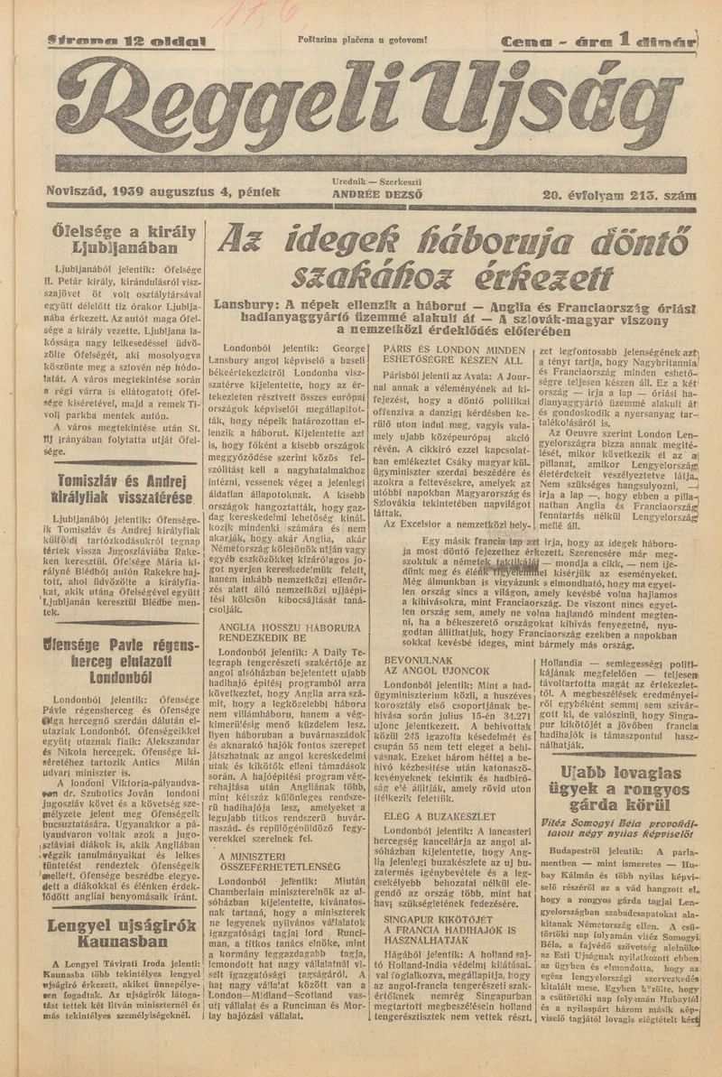 Reggeli Újság, 20. évf. 1939. augusztus 4. 213. sz.