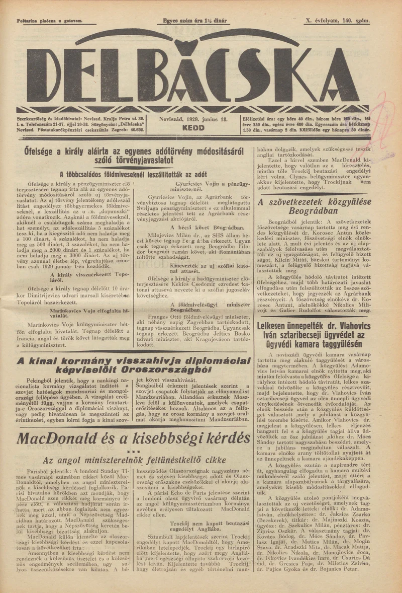 Délbácska, 10. évf. 1929. június 18. 140. sz.