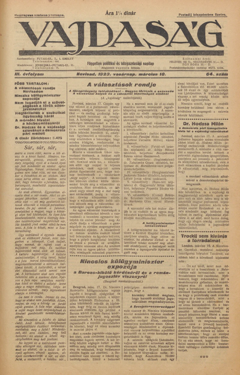 Vajdaság, 3. évf. 1923. március 18. 64. sz.