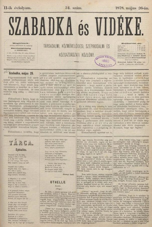 Szabadka és vidéke, 2. évf. 1878. május 26. 34. sz.