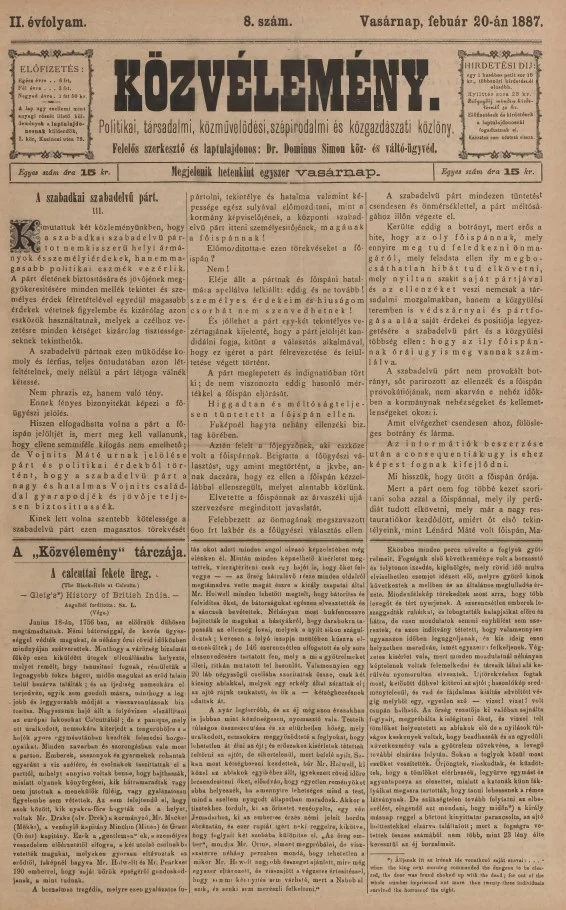 Közvélemény, 2. évf. 1887. február 20. 8. sz.