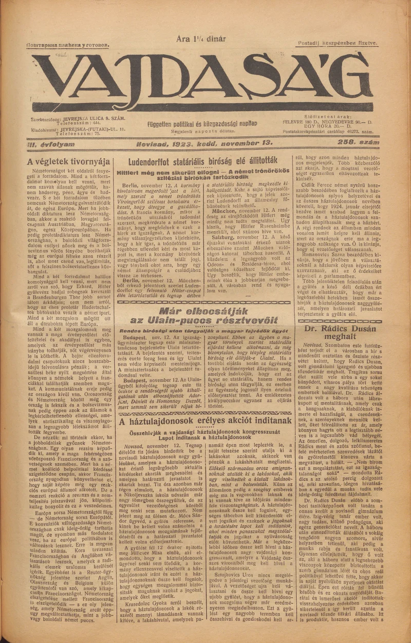 Vajdaság, 3. évf. 1923. november 13. 258. sz.