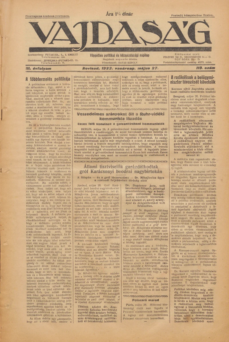 Vajdaság, 3. évf. 1923. május 27. 119. sz.