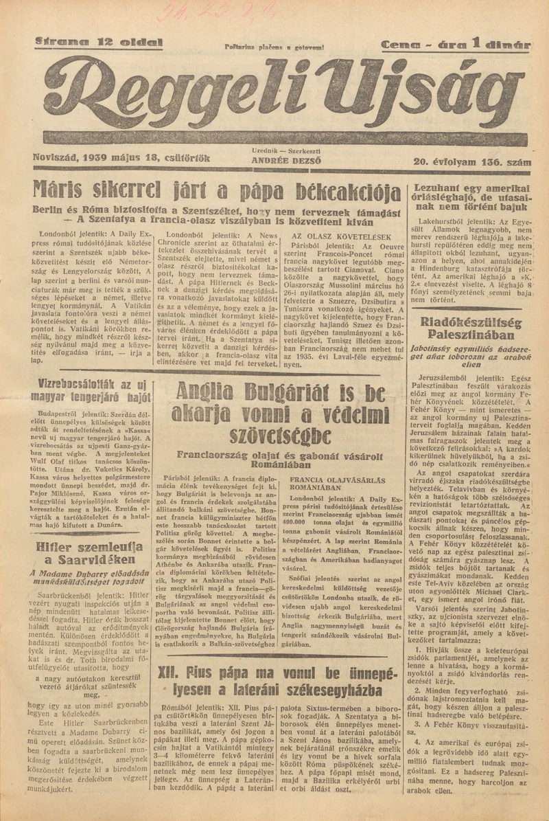 Reggeli Újság, 20. évf. 1939. május 18. 136. sz.