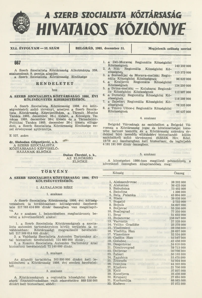 A Szerb Szocialista Köztársaság Hivatalos Közlönye, 41. évf. 1985. december 31. 52. sz.