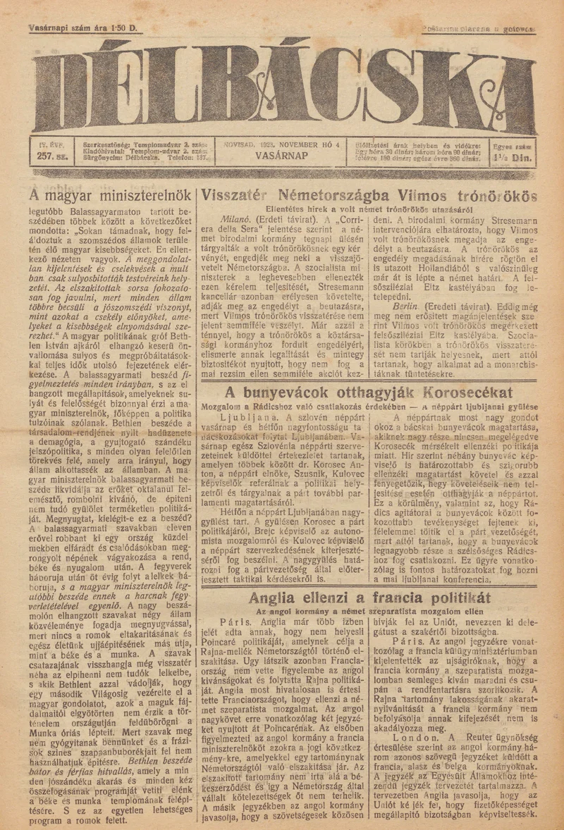 Délbácska, 4. évf. 1923. november 6. 255. sz.