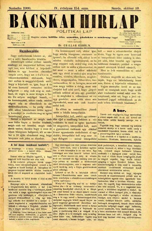 Bácskai Hirlap, 4. évf. 1900. október 10. 154. sz.