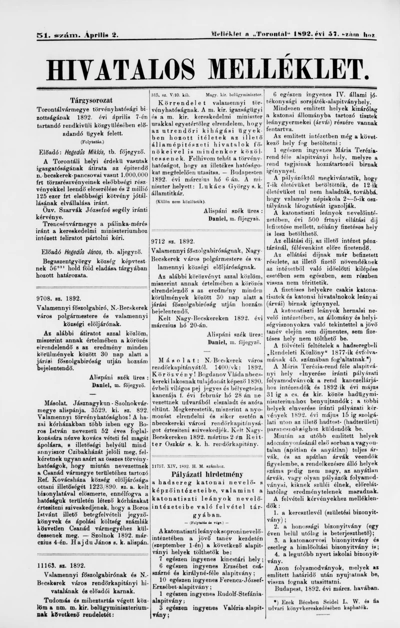 A Totontál  hivatalos melléklete, 5. évf. 1892. április 2. 51. sz.