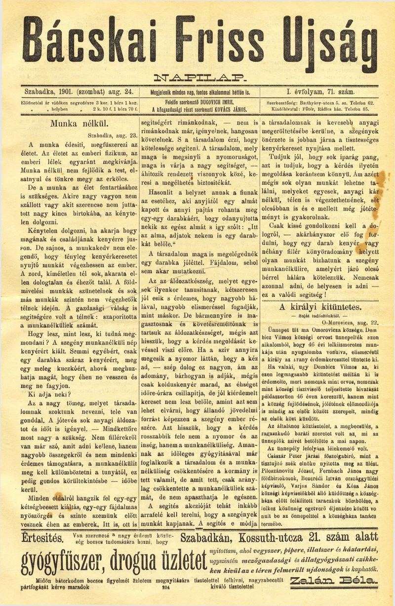 Bácskai Friss Ujság, 1. évf. 1901. augusztus 24. 71. sz.