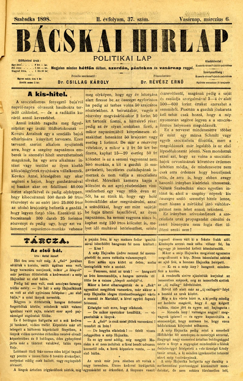 Bácskai Hirlap, 2. évf. 1898. március 6. 37. sz. 1–4. oldal
