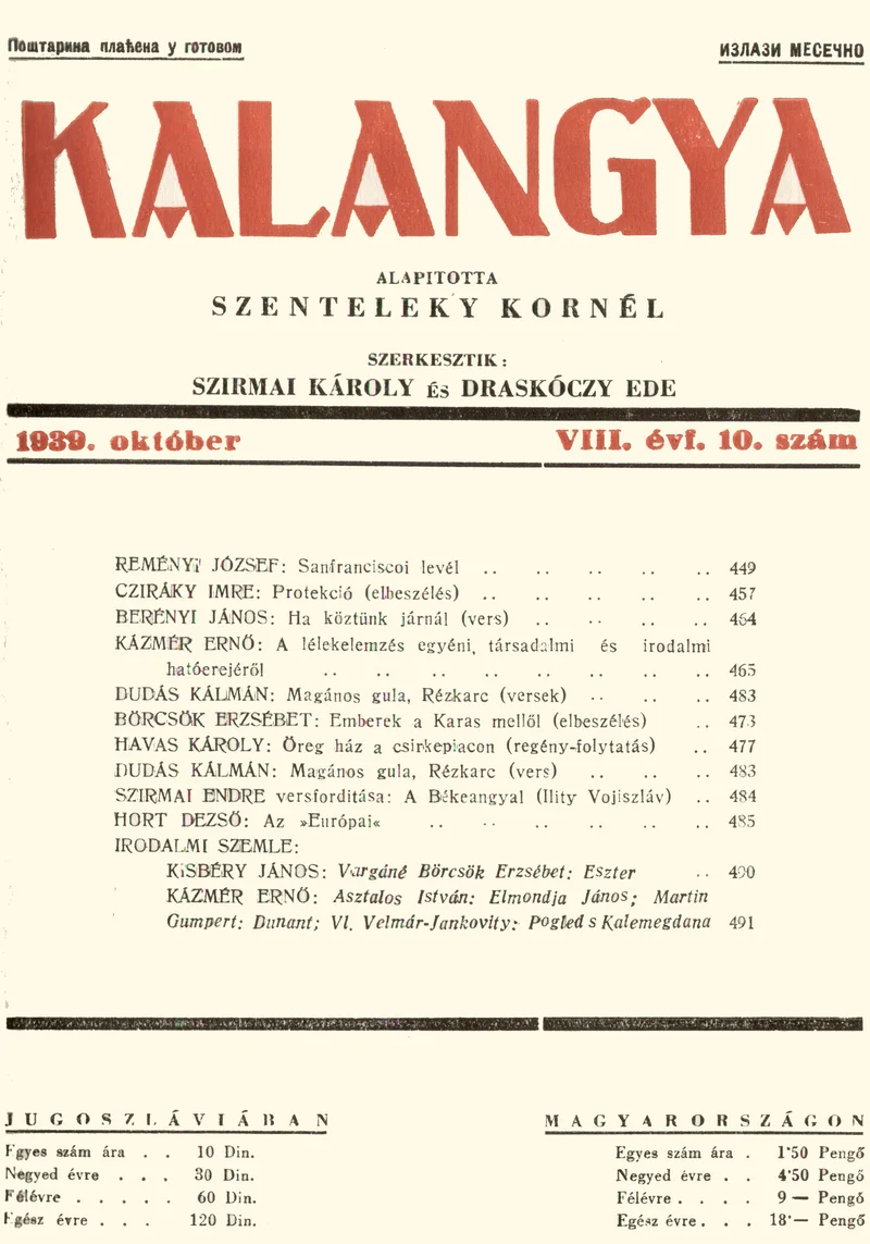 Kalangya, 8. évf. 1939. október. 10. sz. 449–496. oldal