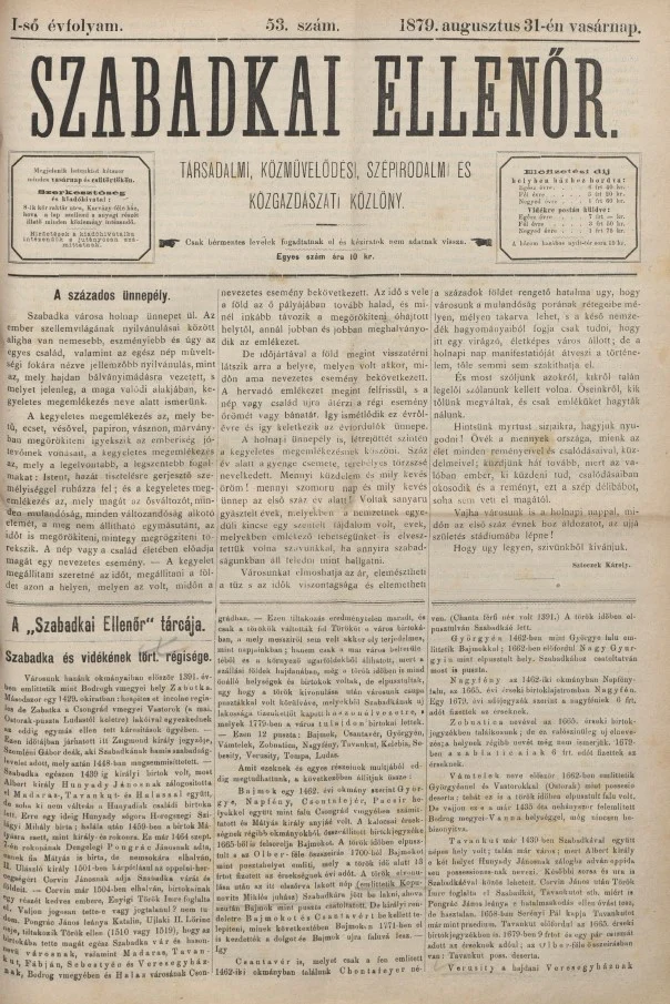 Szabadkai Ellenőr, 1. évf. 1879. augusztus 31. 53. sz.
