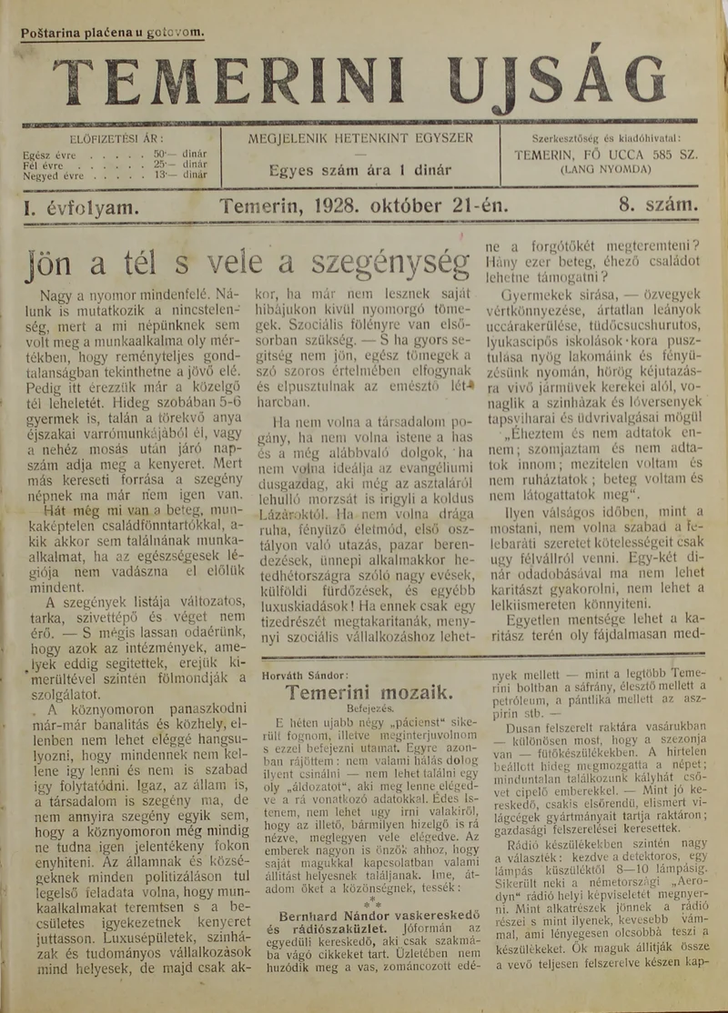 Temerini Újság 1928-1944, 1. évf. 1928. október 21. 8. sz.
