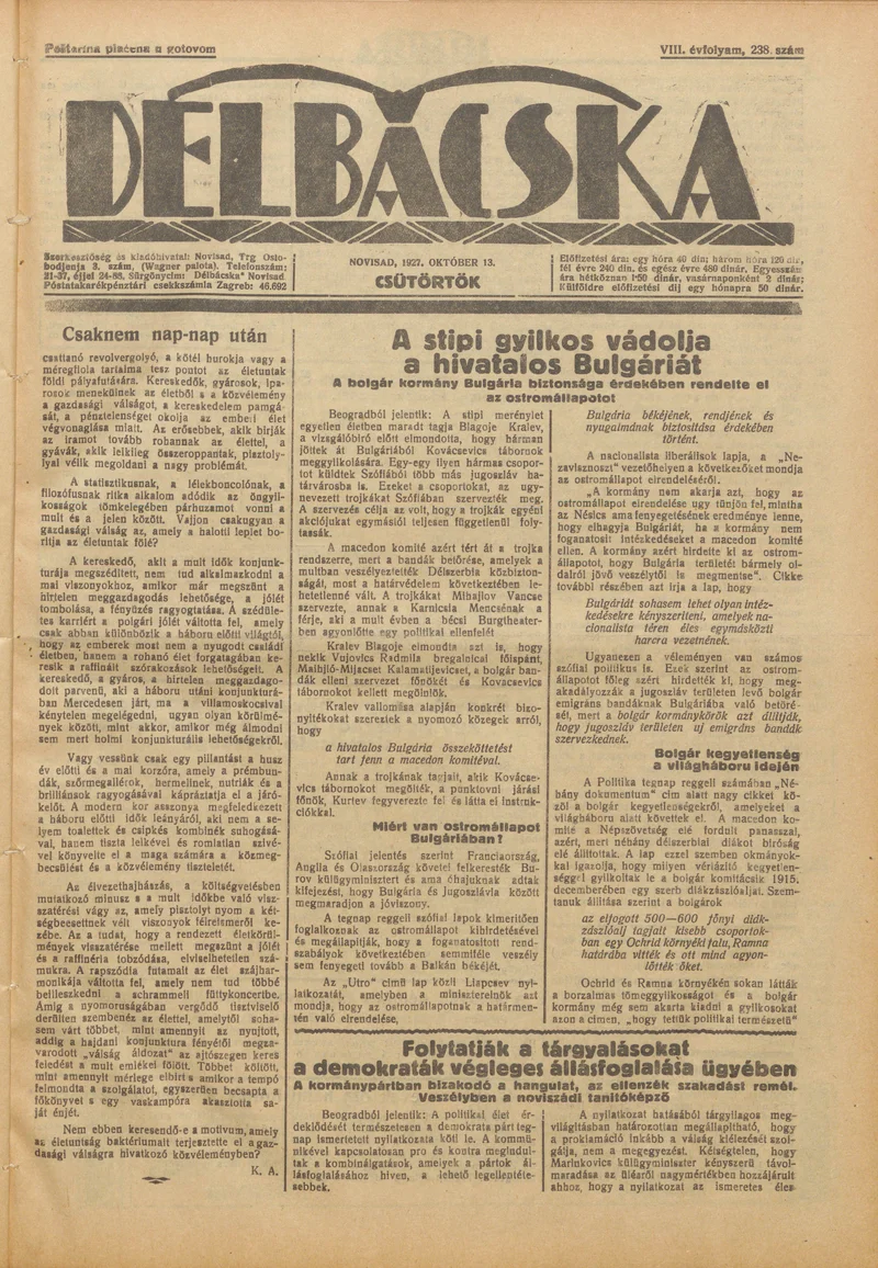 Délbácska, 8. évf. 1927. október 13. 238. sz.